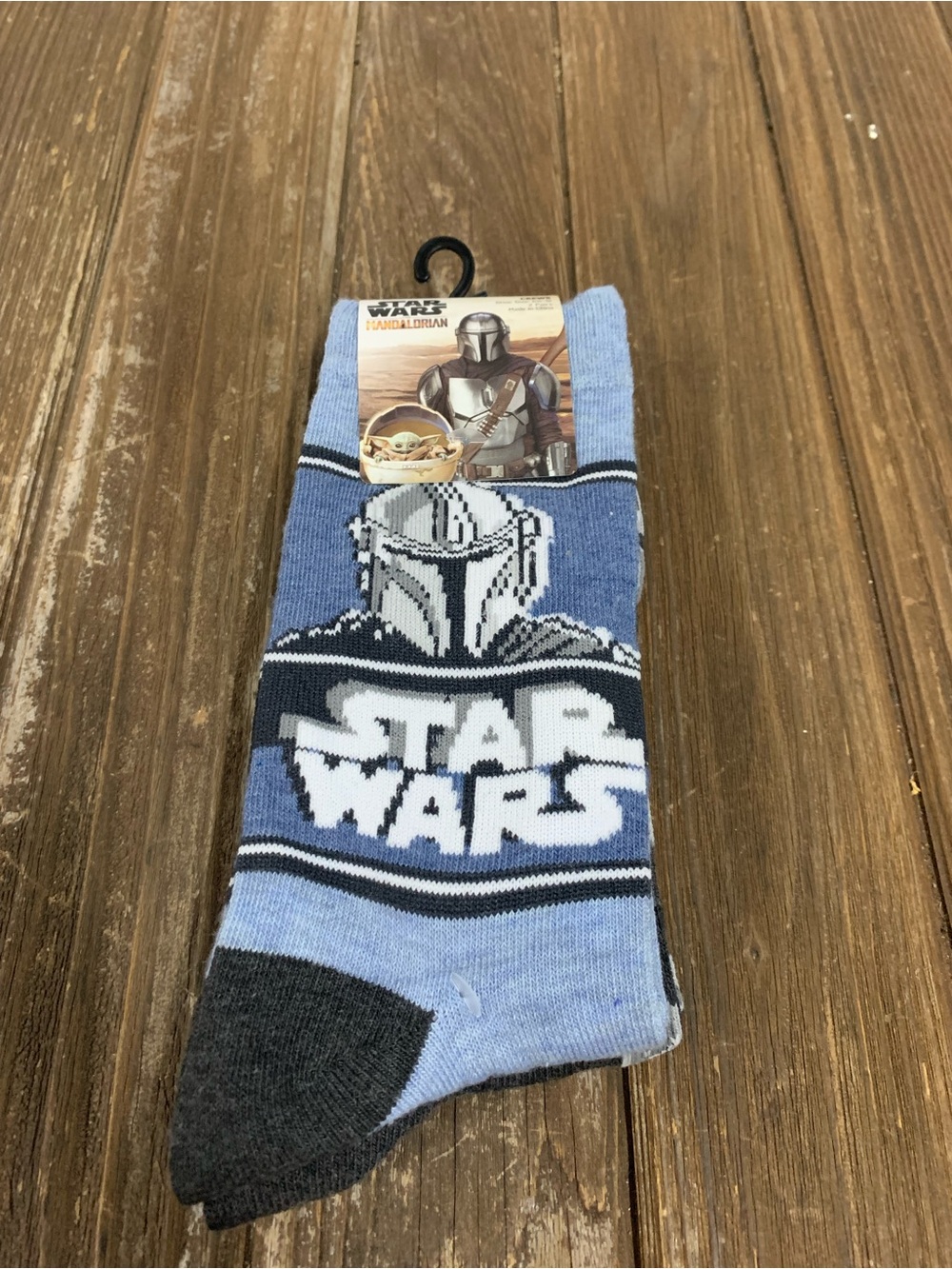 Disney Star Wars Light Blue & Black Crew Socks with Mandalorian Helmet